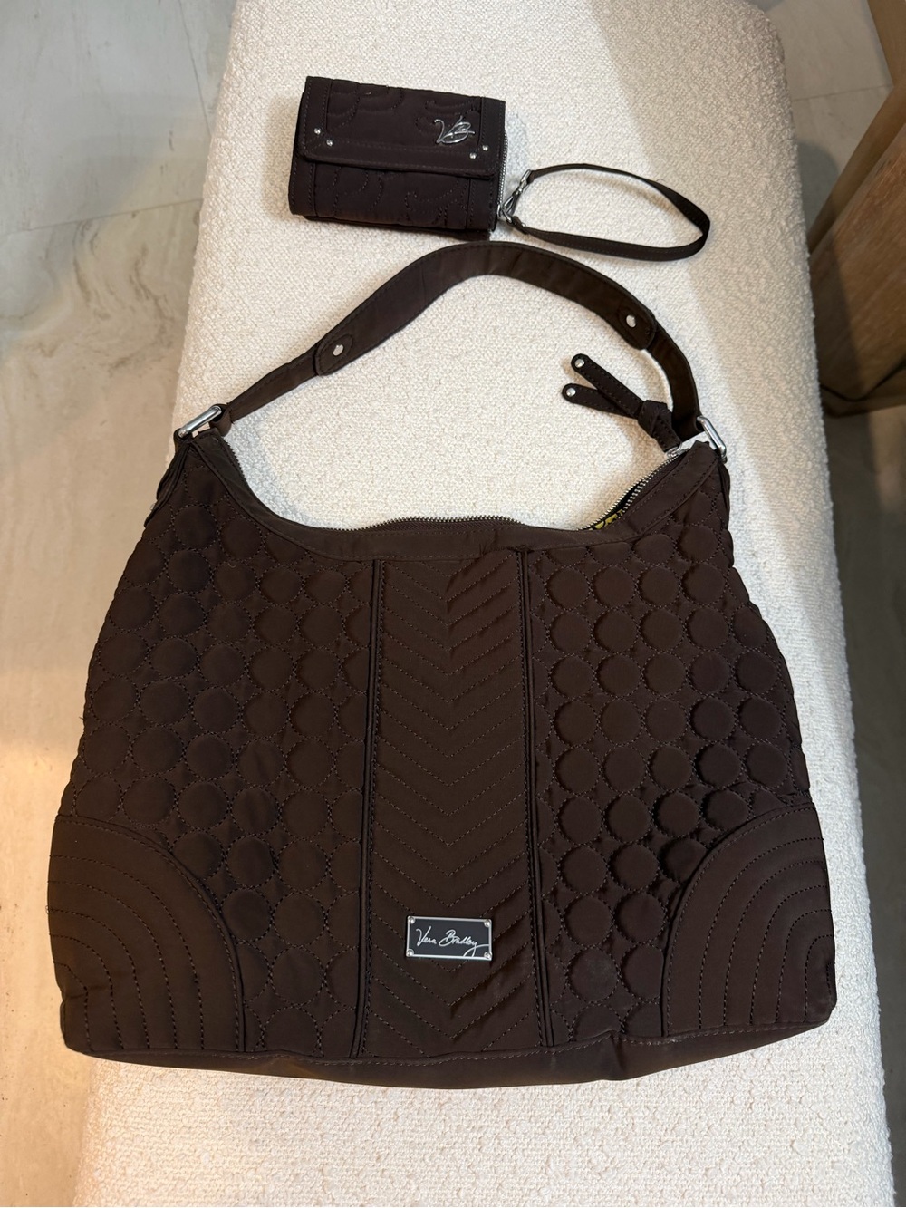 Vera Bradley Quilted Chocolate Brown Shoulder Bag with matching Wristlet wallet